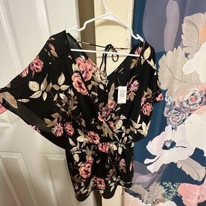 Torrid Black Floral Chiffon Blouse with Tie Back